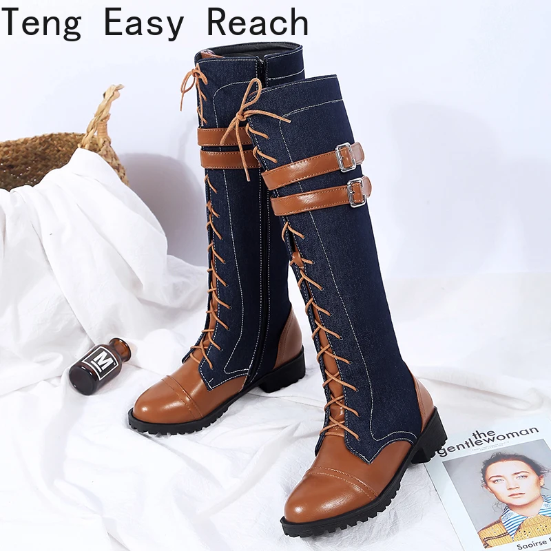 2025 Denim Stitched PU Women's Low Heel Knee Boots Cross Lace Calf Double Breasted Buckle Side Zip Plush Lining Women's Boot