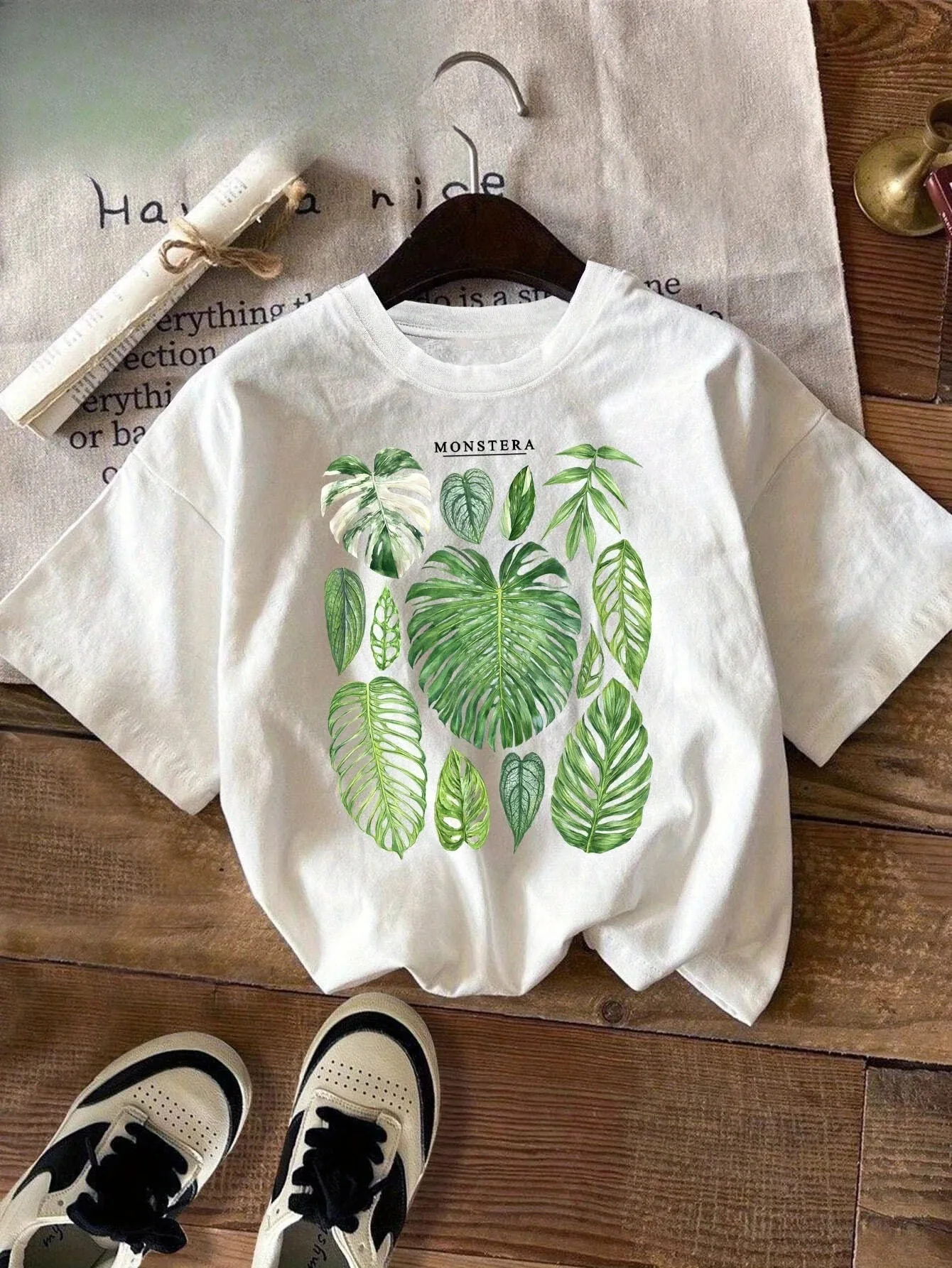 Camiseta de manga corta con cuello redondo para mujer, camiseta informal con estampado de hojas tropicales Monstera Philodendron, camiseta de moda para verano para mujer