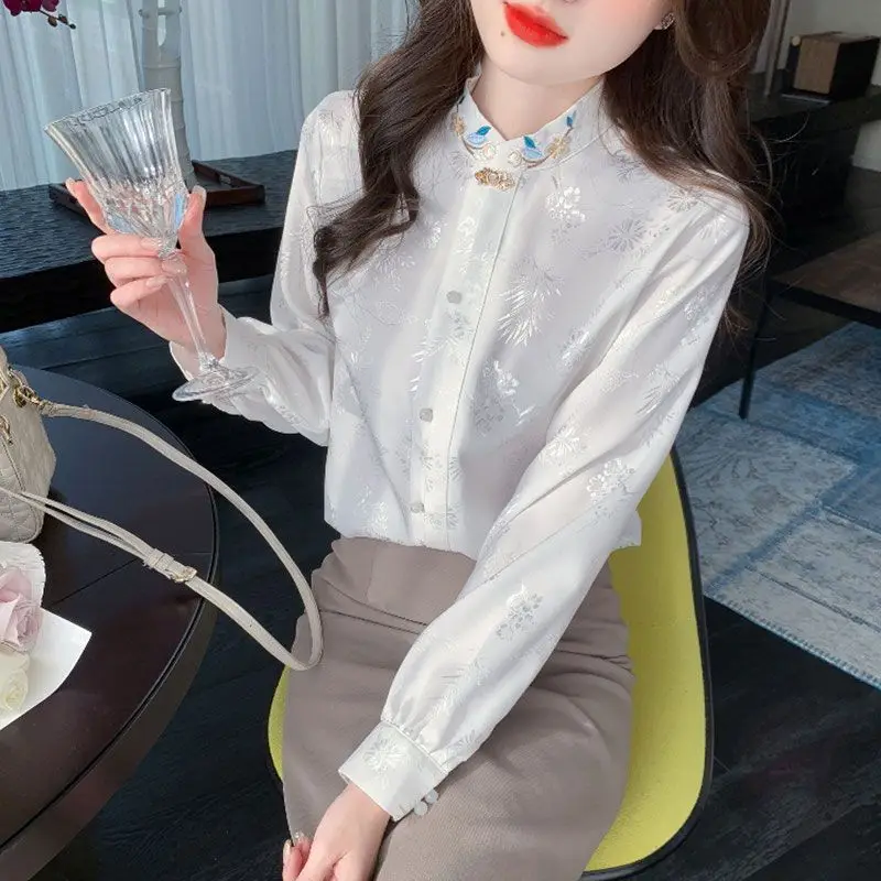 Women\'s 2024 Spring Autumn New Chinese Style Embroidered Long Sleeve Blouses Fashion Stand Collar Printed Single-breasted Shirts