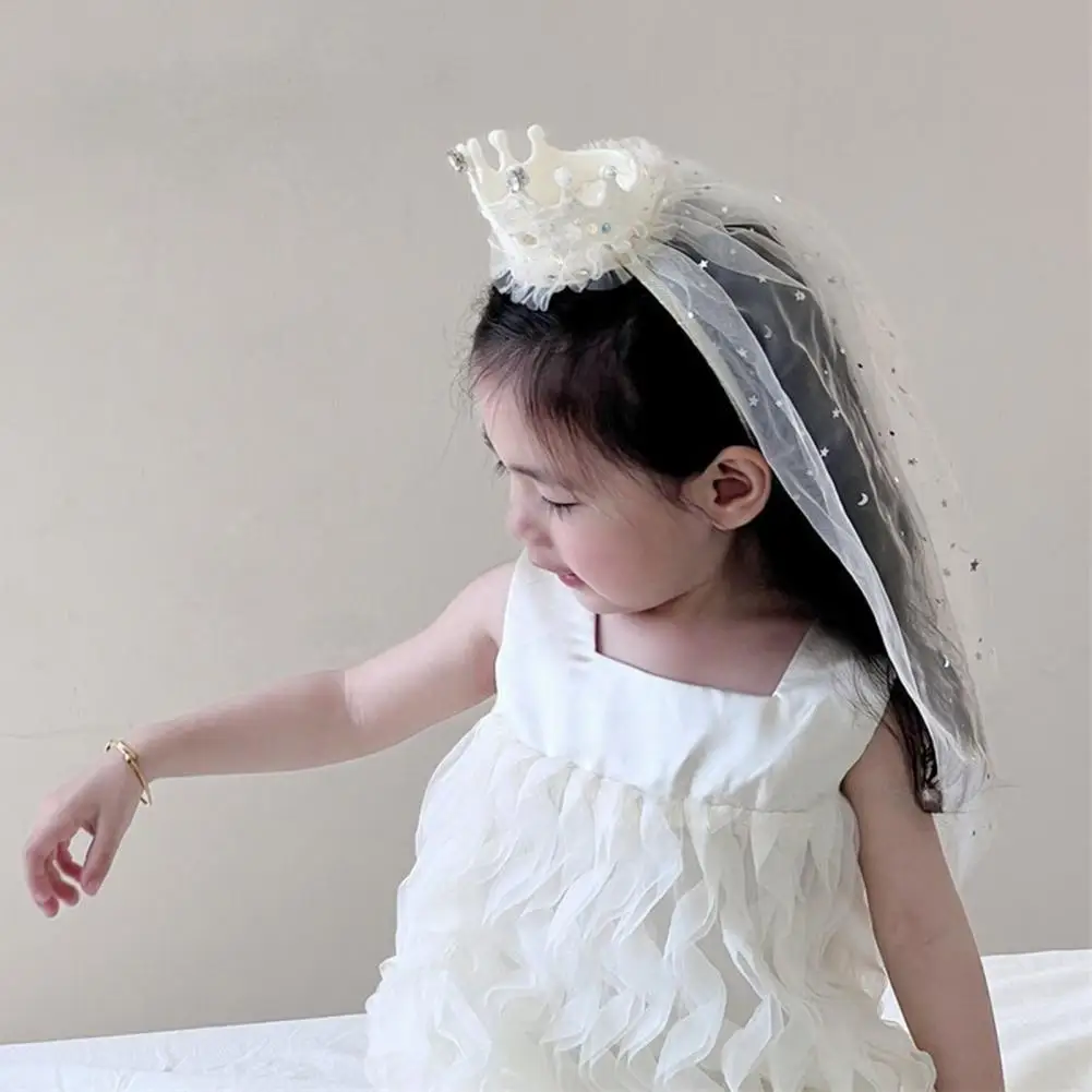Princess Style Headband Toddler Princess Crown Headband with Sequins Imitation Pearls Mesh Veil Baby Girl Photo Accessory Party