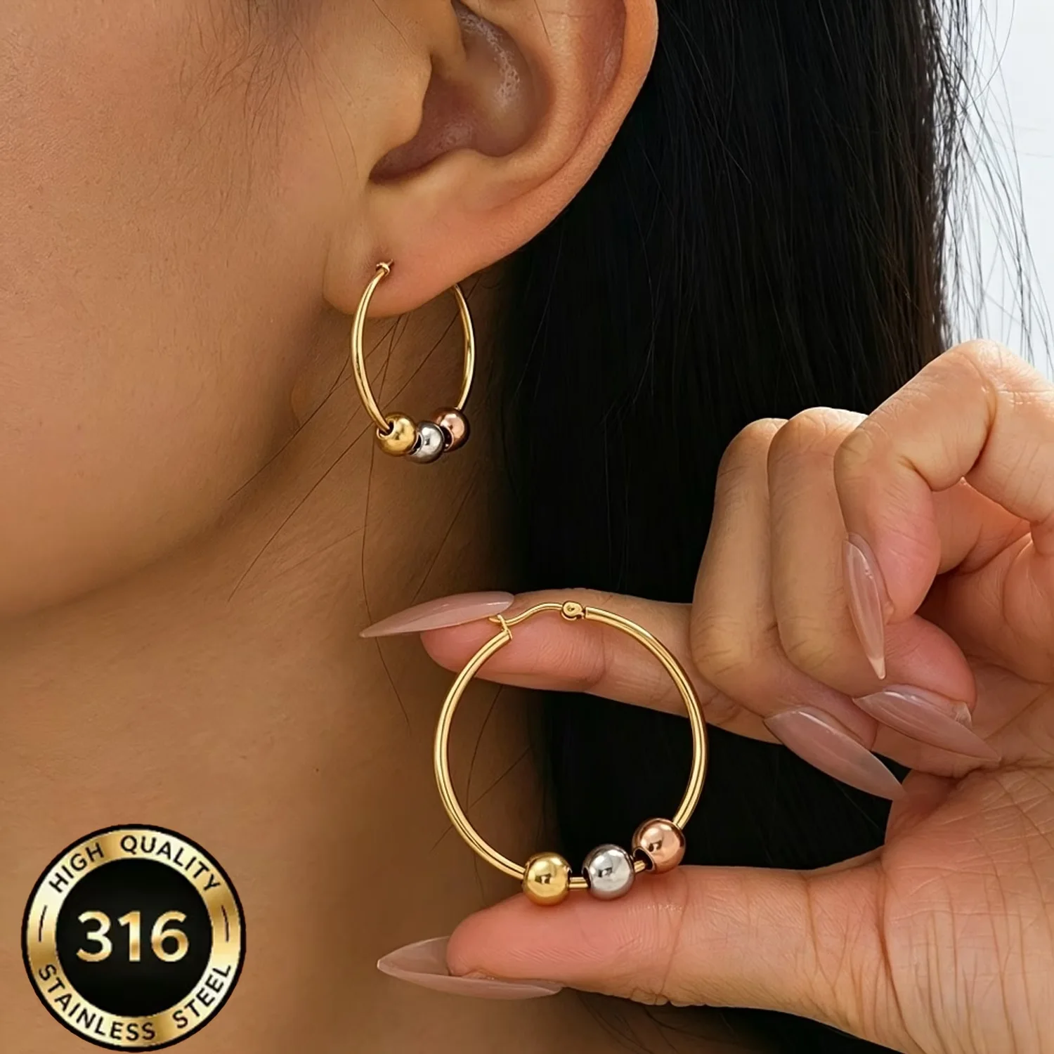 Minimalist Stainless Steel Sliding Bead Earrings - Pair of Women's Everyday Work Party Jewelry Gift in Three Colors