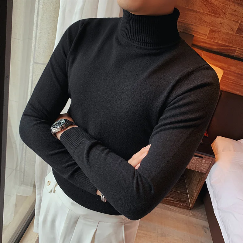 

Trendy Men's Knitted Sweater High Collar Warm Thin Line Base irt Casual Sle Pure Color Inner Wear Suitable for Autumn And...