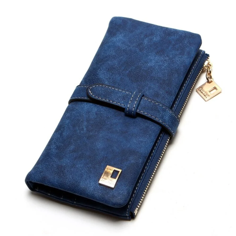 Famoso marchio borsa lunga due pieghe portafogli donna coulisse in pelle nabuk cerniera portafoglio in pelle scamosciata donna Carteira Feminina