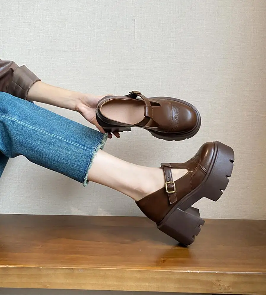 

Spring 12cm Genuine Leather Female Fashion Casual Chunky Heels Platform Wedge Women Chunky Summer Buckle Women Pumps Comfy Shoes
