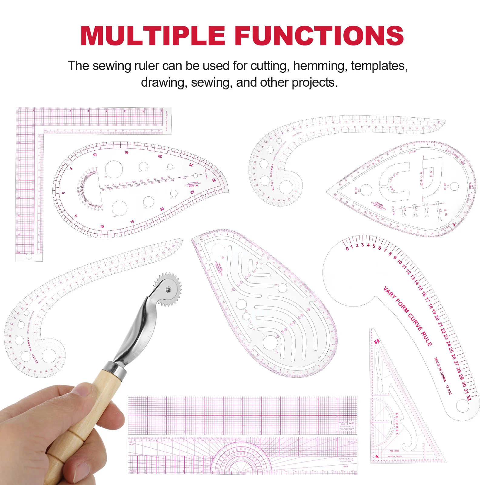 

1Set Sewing Ruler for Fabric Multiple Function Plastic Rulers Clear Visible Scales Easy Cut Trace Draw Quilting Sewing