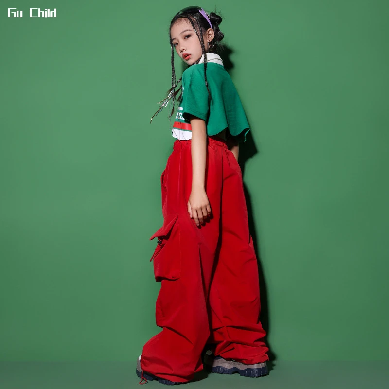 Girls Hip Hop Crop Top Red Cargo Baggy Pants Child Polo Shirt Street Dance Loose Jogger Clothes Set Kids Streetwear Teen T-shirt