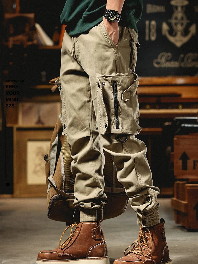 

Style high street retro multi-pocket overalls men's fashion brand loose wide-legged straight casual trousers