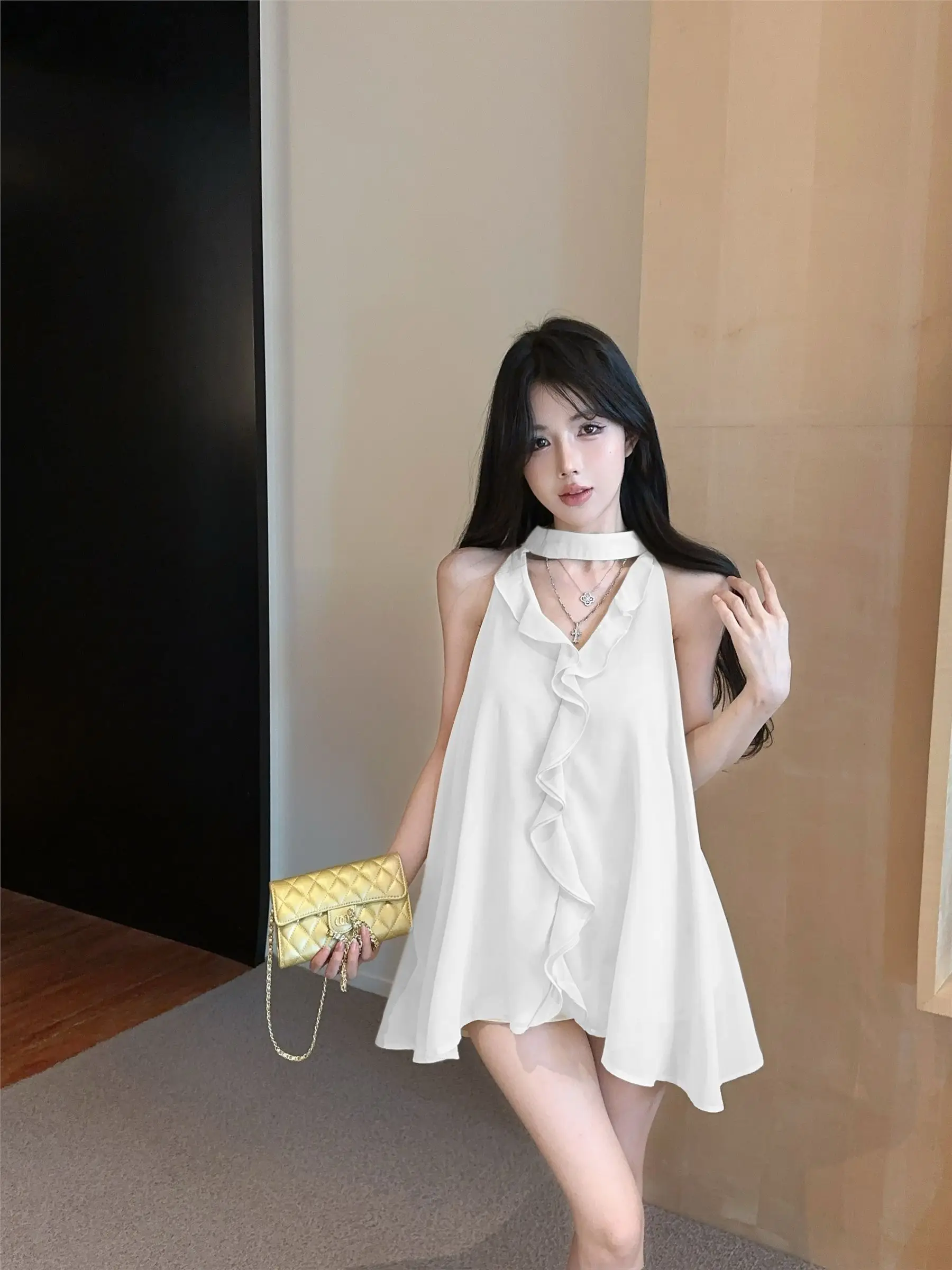 New Summer Wear Yellow Top For Women'S French Ruffle Design V-Neck Scarf Streamer Chiffon Shirt