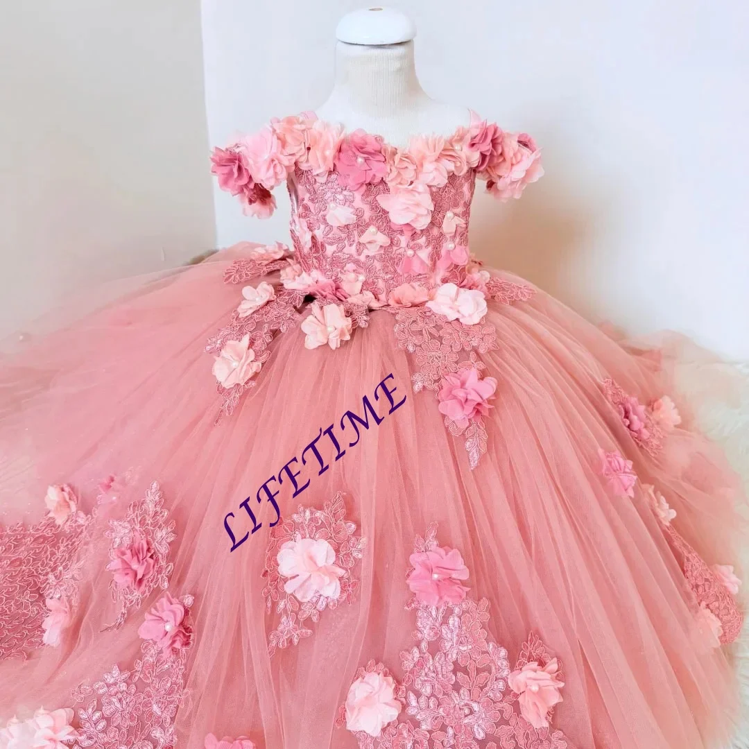 Personalizado roxo flor menina vestido apliques rendas fora do ombro brilhante tule vestidos de baile para festa de aniversário de casamento primeira comunhão