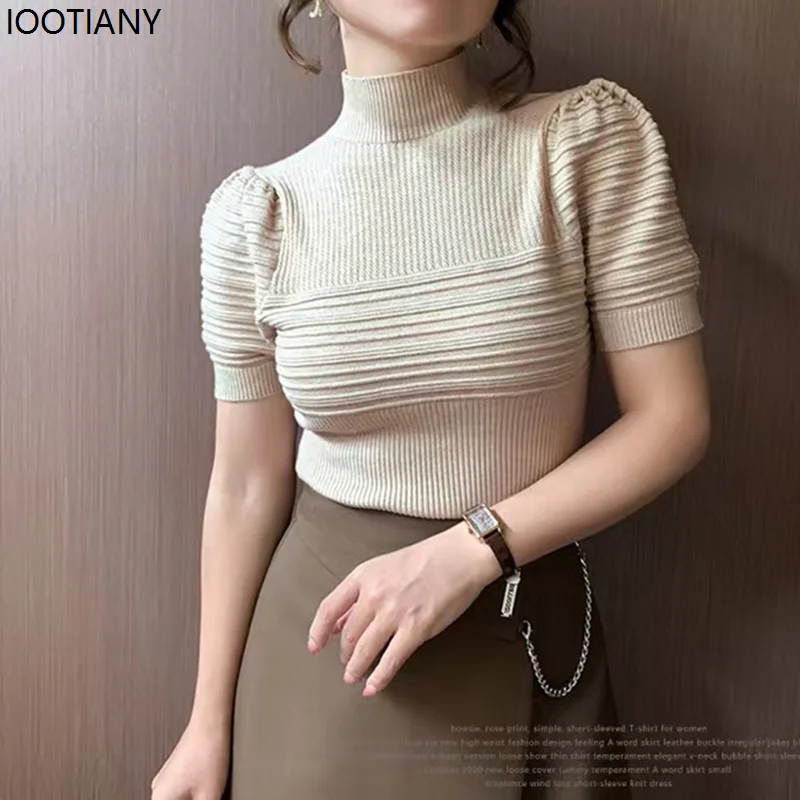 Frauen Herbst High-neck Gestrickte Slim Fit Pullover Topthin Kurze Puff Sleeve Einfarbig Winter frauen Pullover Pullover t-shirt