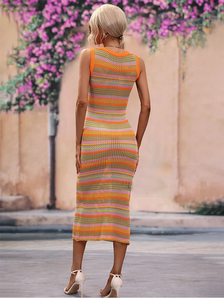 Sexy serré rayé robe tricotée pour les femmes sans manches 2025 été mode plage fête soirée longue robe en tricot tenue décontractée