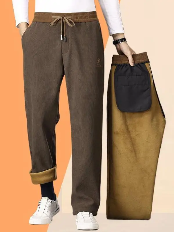 

Men's Elastic Dstring Corduroy Sports Pants Thiened Casual Loose Fit High Waist Straight Leg Khaki Color Autumn Winter