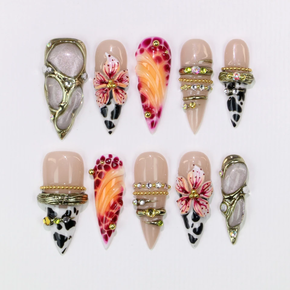 10 uñas personalizadas largas stiletto con flores góticas pintadas a mano, para bodas y eventos 2