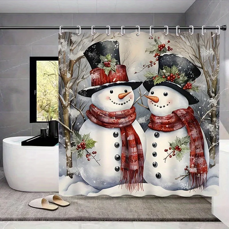 Christmas Bathroom Decor Set with Waterproof Polyester Bath Ensemble, Snowman Theme, Includes 12 Hooks, Non-Slip Toilet Seat Cov