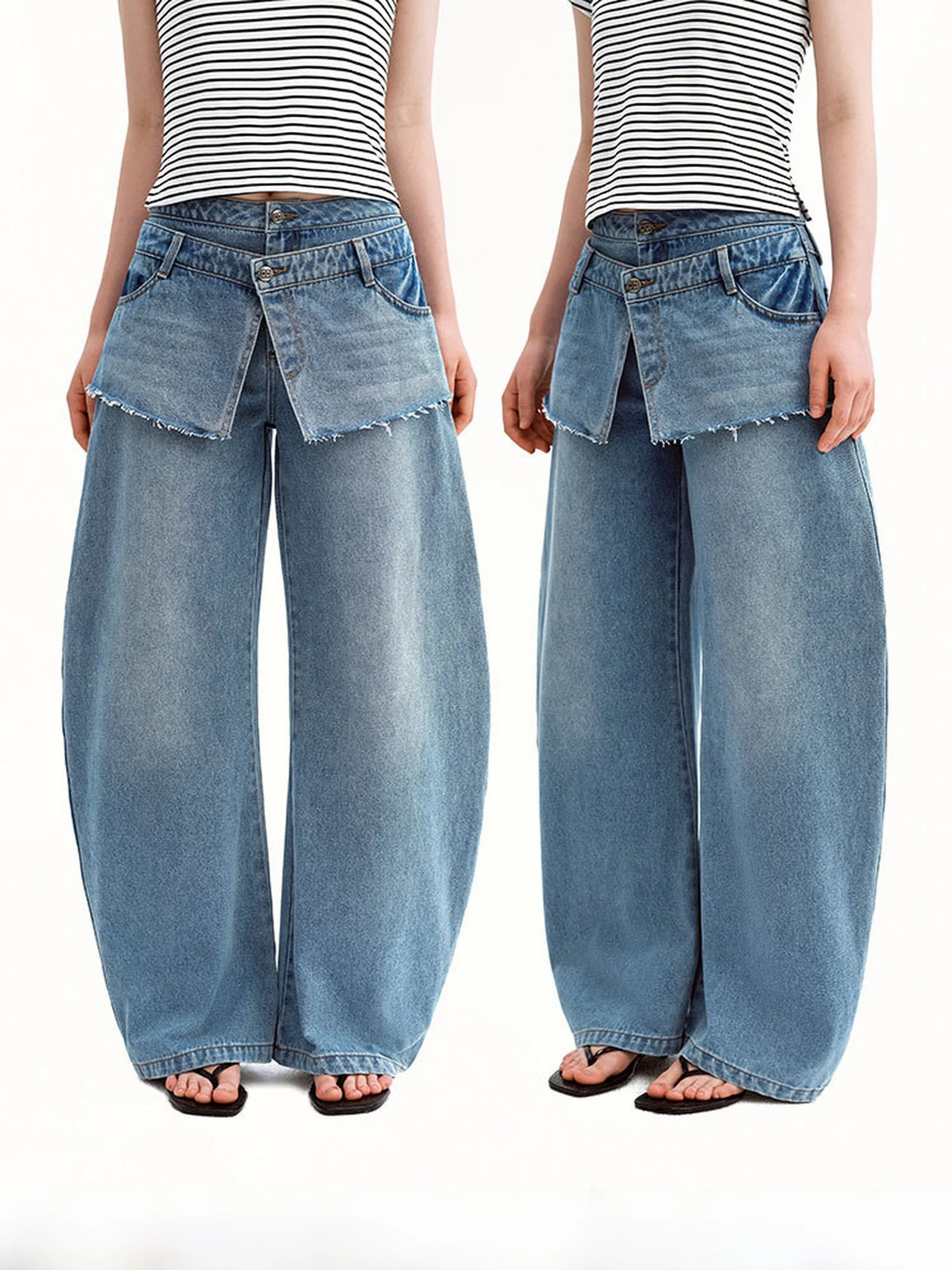 

Оригинальные классические синие повседневные свободные длинные брюки PUKI с низкой талией, джинсы с двойной талией, женские повседневные свободные брюки