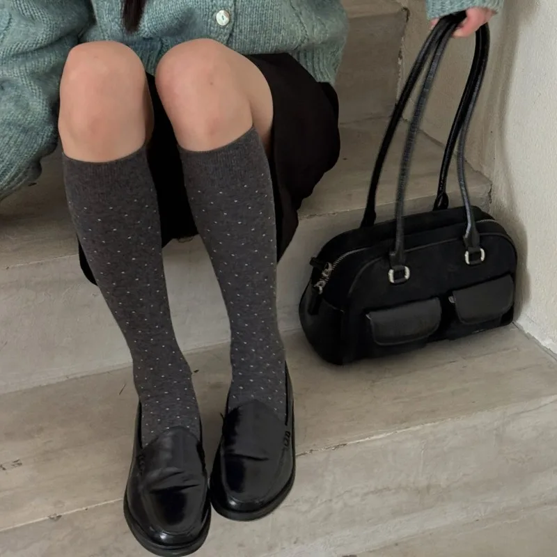 1 Para Retro Skarpetki do Kolan w Kropki Modne Koreańskie Damskie Podkolanówki Białe Długie Skarpetki Ciepłe Skarpetki Szkolne dla Dziewcząt Rajstopy
