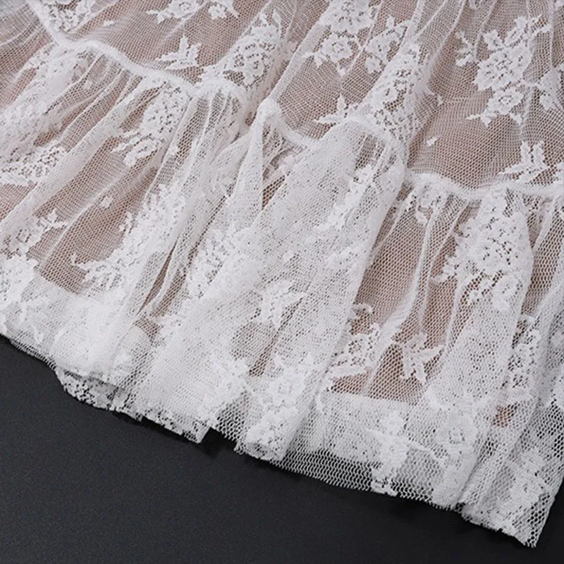DongCMY 2025新作 スイートスクエアカラー ネットヤーン ウエストバブルスリーブ ショートレースミニドレス ホワイト フェアリードレス