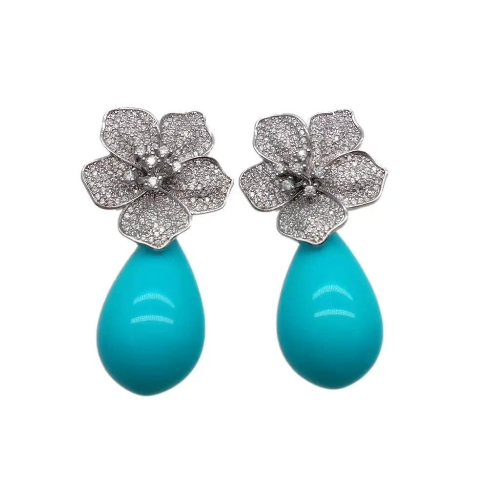 YYGEM 16x27mm Blue Sea Shell Teardrop Cz Pave Flower Stud Gold Plated Stones Earrings Party Elegant Jewelry Dropshipping view 2