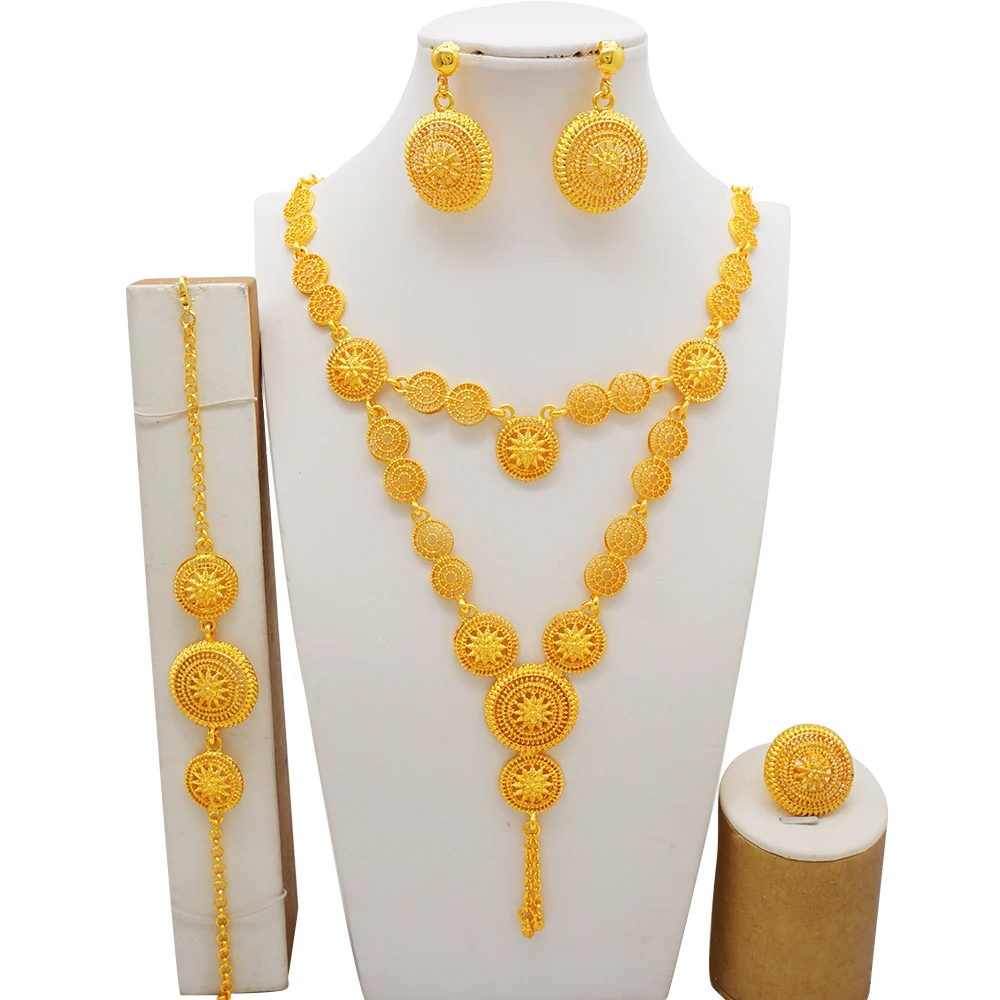 African Ladies Dubai 24k Gold Plated Long Necklace Set Bridal Banquet Wedding Jewelry Set Accessories