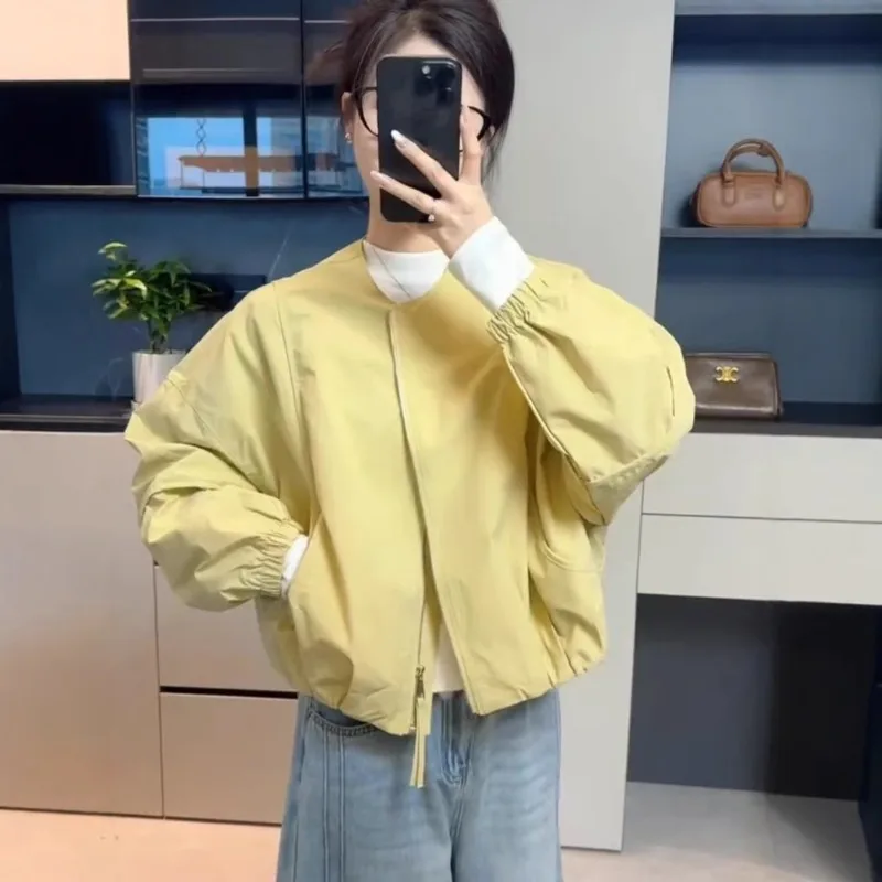 

Baseball Jersey Round Neck Jacket Spring New Women Short Style Solid Loose High Street Coat Long Sleeves Zipper Women’s Clothing