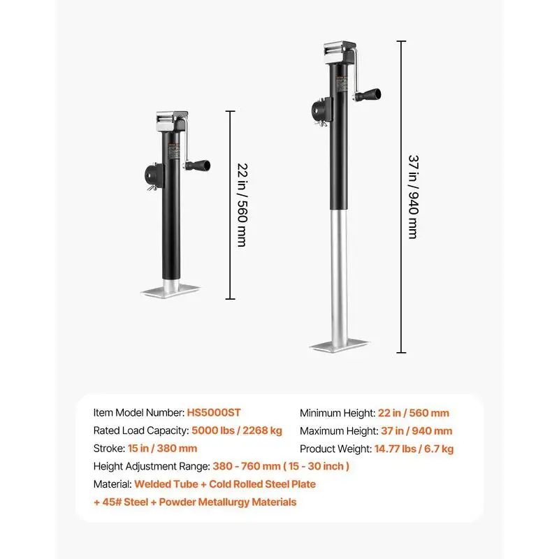 Pipe-Mount Swivel Support Leg 15-inch Vertical Travel For RV Horse Utility Trailer 5000 lbs Dynamic Load Capacity Ergonomic Handle Lift Manual Crank Adjustment view 2