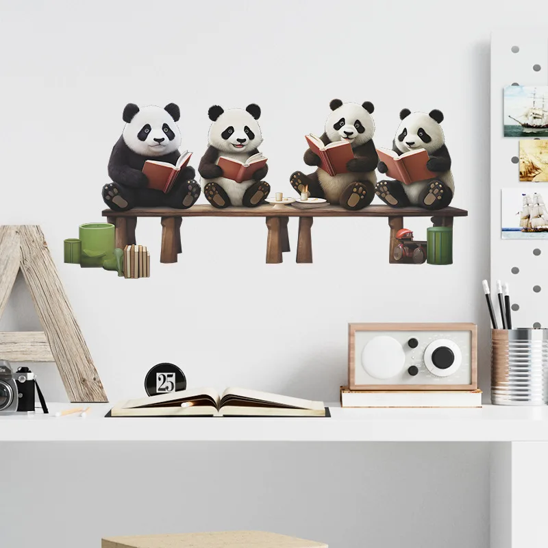 Cute Pandas Reading Books Wall Sticker For Children Kids Bedroom Home Decoration Wallpaper Room Background Decor Cartoon Decals