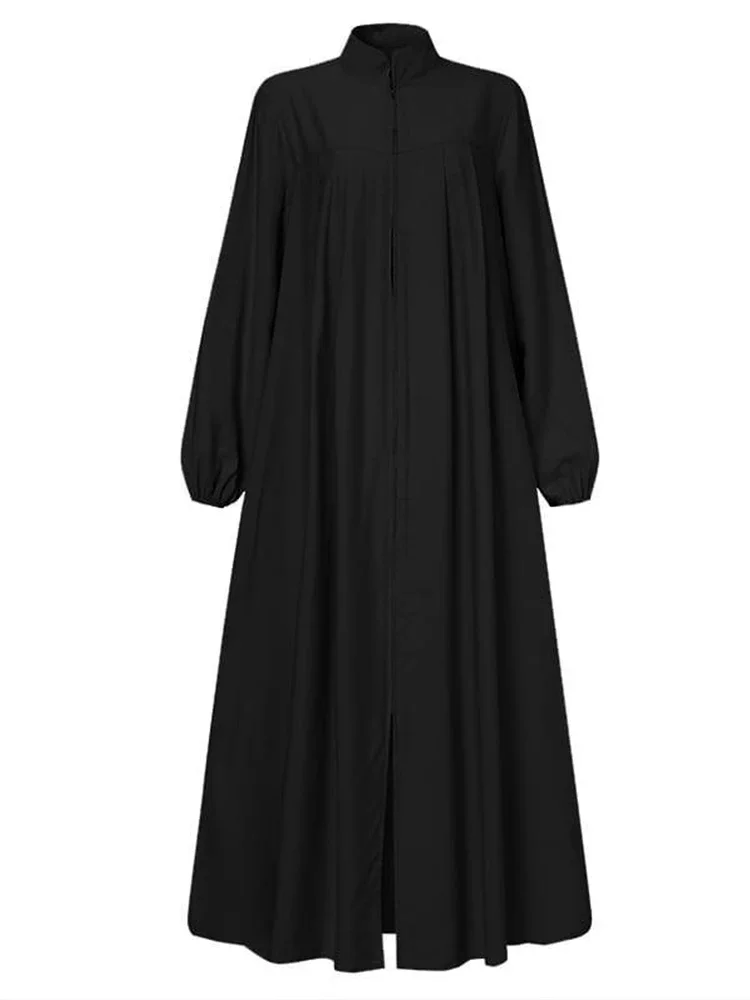 Muslim black dress with small stand-up collar and zipper pocket design  elegant loose and casual long-sleeved skirt