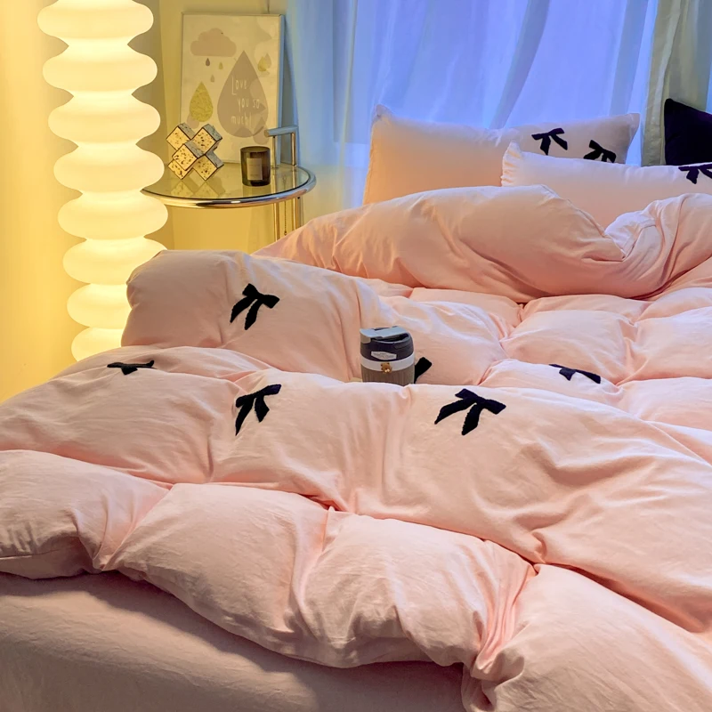 Ins Black Bowknot Bedding Set Pink Duvet Cover Flat Sheet Single Double Size Princess Bed Linen Girls Washed Cotton Quilt Cover