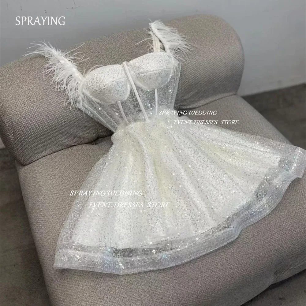 SPRAYING Luxury Sparkly Lace Wedding Dresses Photo Shoot Strap Mini Short Above knee Elegant Bridal Gown Fairy Party Dress 2025