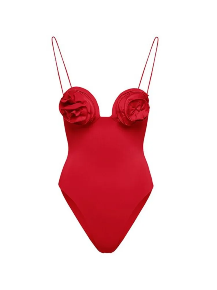 Vintage Color Red Solid Color One-Piece Swimsuit Set Sexy Lingerie For Women Beach Dress Elegance Luxury Slim Fit