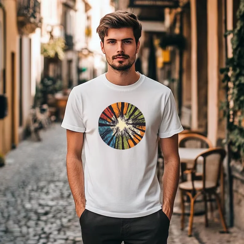 Kaleidoscope Sky Black T-Shirt. Vibrant Radiant Color Circle Print Artistic Nature Forest Light Design Unique Casual Tee