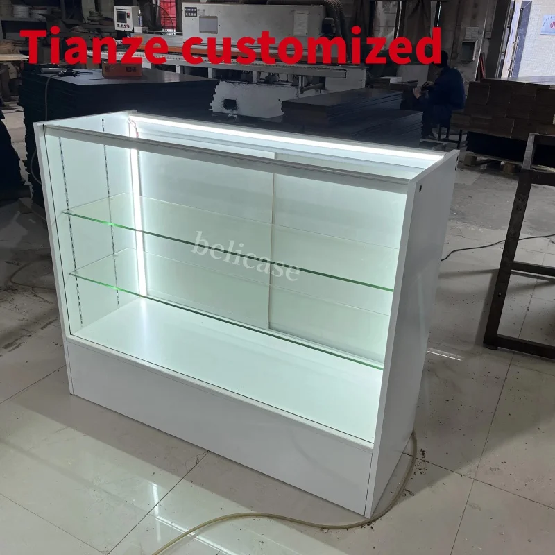 (customized)Shop Design Wood Glass Dispensary Display Counter Lockable Show Displays with Led lights Smoke Shop