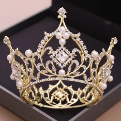 Trendy Gold Color Pearl Crystal Bride Prince Crown Wedding Hair Accessories Jewelry  Rould Tiara Crown Fashion Women Accessories