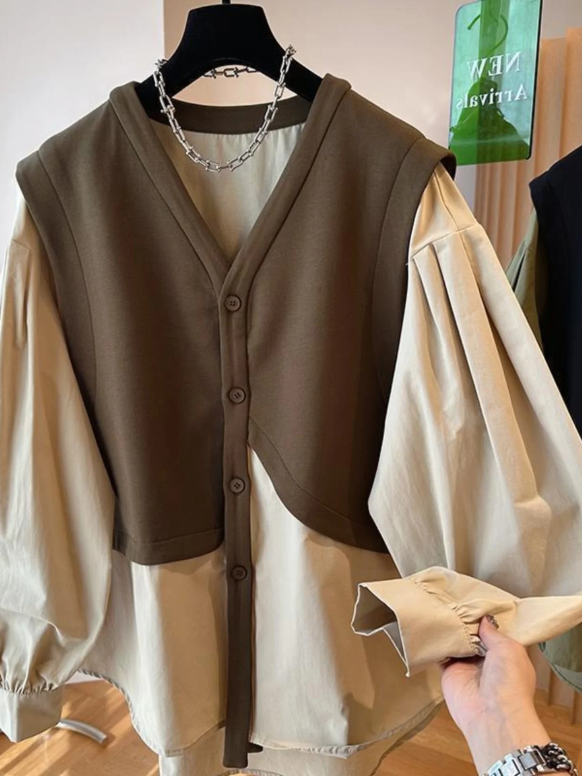 

plus Size Women's irt Bubble Sve Patchwork Meat Concealing Vest 300 Pou Korean Sle Loose Fit Long Sve V-Ne