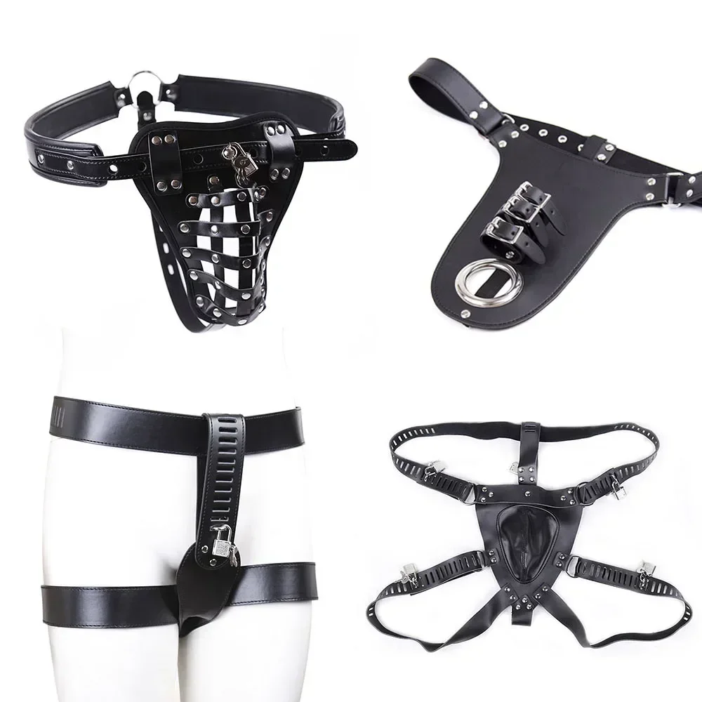 Erotic Underwear BDSM Fetish Costume Leather Harness Penis Bondage Belt Strap Punk Cock Cage Chastity Panties Sex Toys for Men