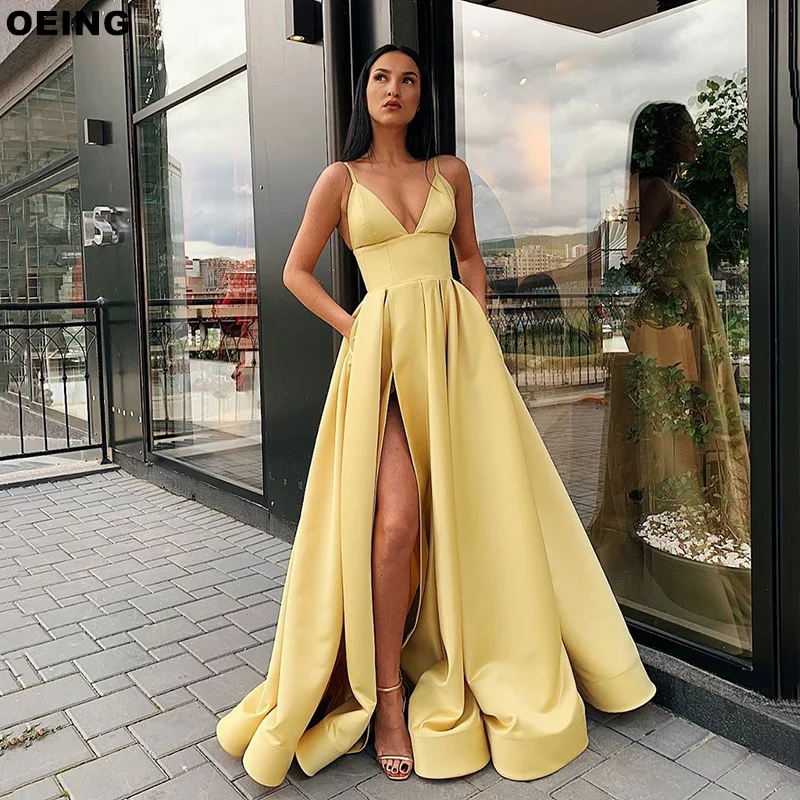 OEING Yellow Sexy A-Line Prom Dresses Elegant Spaghetti Strap Side Split Evening Dress Formal Occasion Gowns Vestidos De Novia