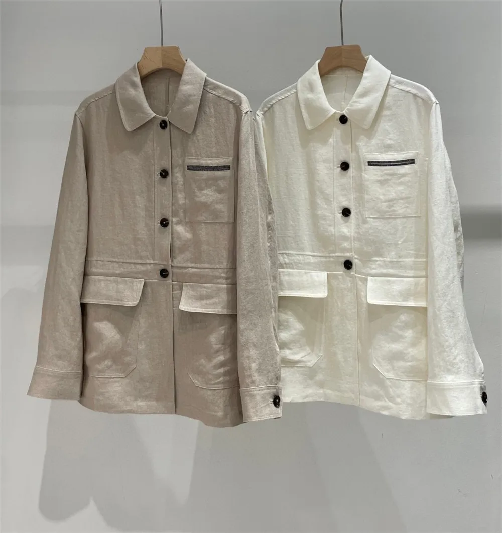 2025 New Lapel Single-Breasted Imported Linen Coat Beaded Casual Loose Long-Sleeved Jacket