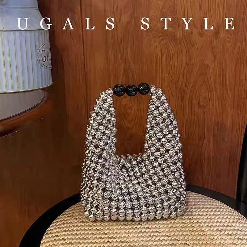 Fashion Hollow Out Woven Hobo Bag Beads Beading Handmade Women\'s Handbag Lady Purse Silver Beads Shoulder Bag Female Casual Bag