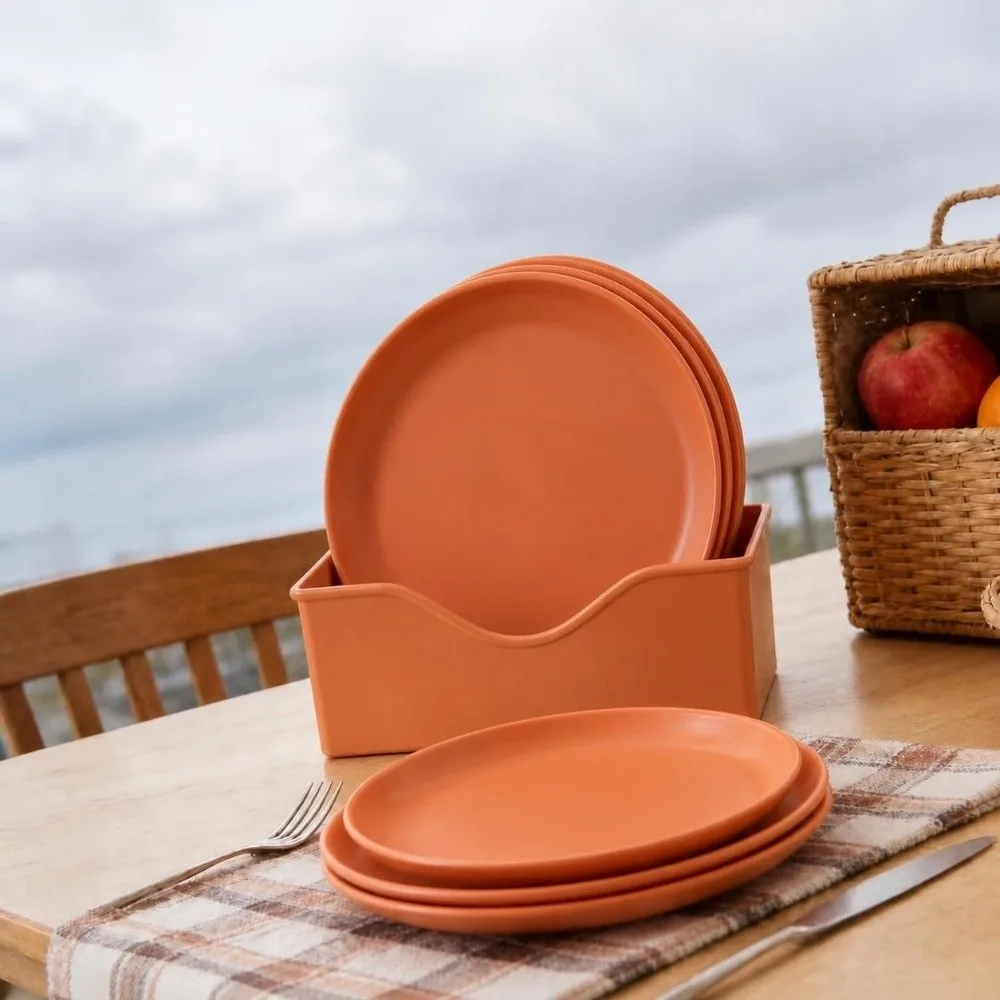 8Pcs Stackable Resin Plate Set Smooth Glossy Stable Dinner Dishes Shallow Round Lightweight Heart Shaped Bowls Outdoor Barbecue