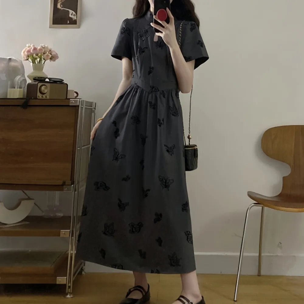 여성 여름 Y2K 슬림핏 A라인 드레스, 복고풍 나비 프린트 컷아웃 디자인 개구리 버튼 틈새 그레이 중국 스타일 치파오
