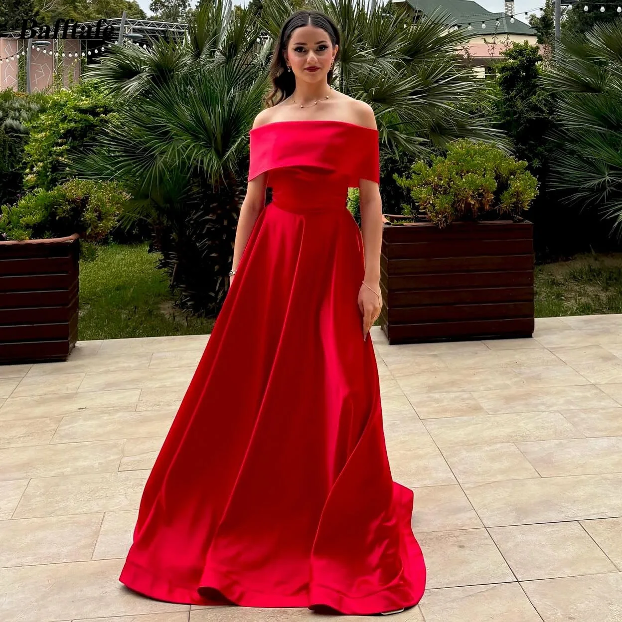 

Bafftafe Simple Red Satin Long Prom Dresses Customized Off The Shoulder Women Outfits Formal Birthday Party Evening Gowns