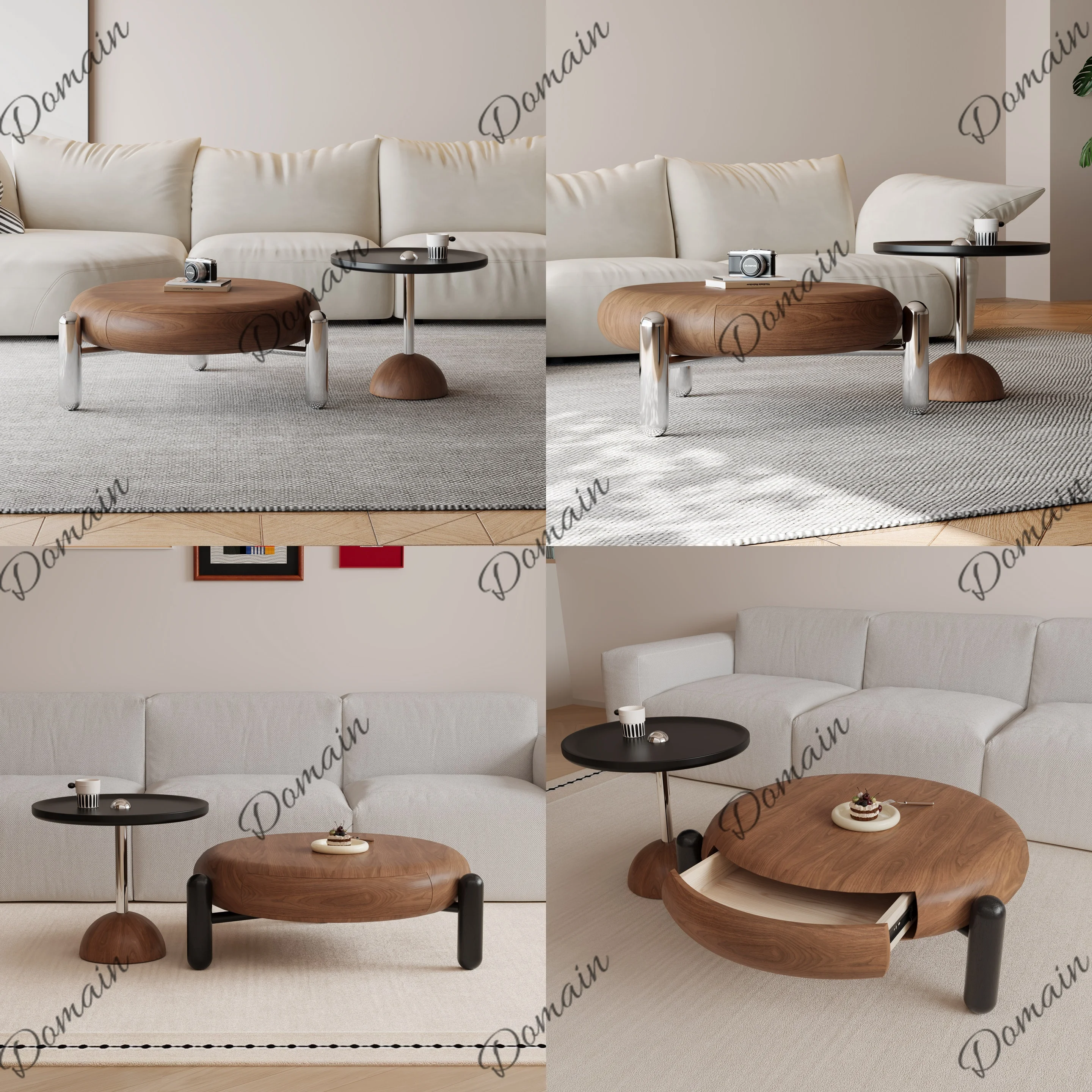 Mid Century Modern Black Walnut Veneer Coffee Table Luxury Living Room Round Nesting Tables Set