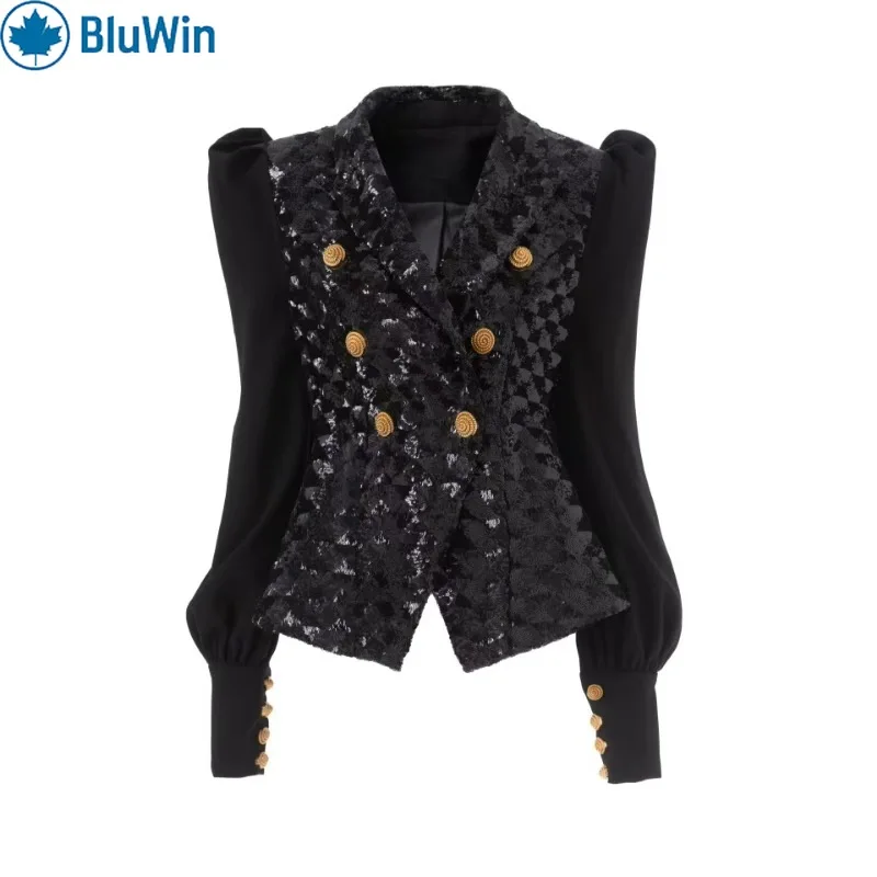 

URBANCHIC Черный сетчатый блейзер с пайетками для женщин — металлические пуговицы на плечах, шикарная верхняя одежда в европейском стиле