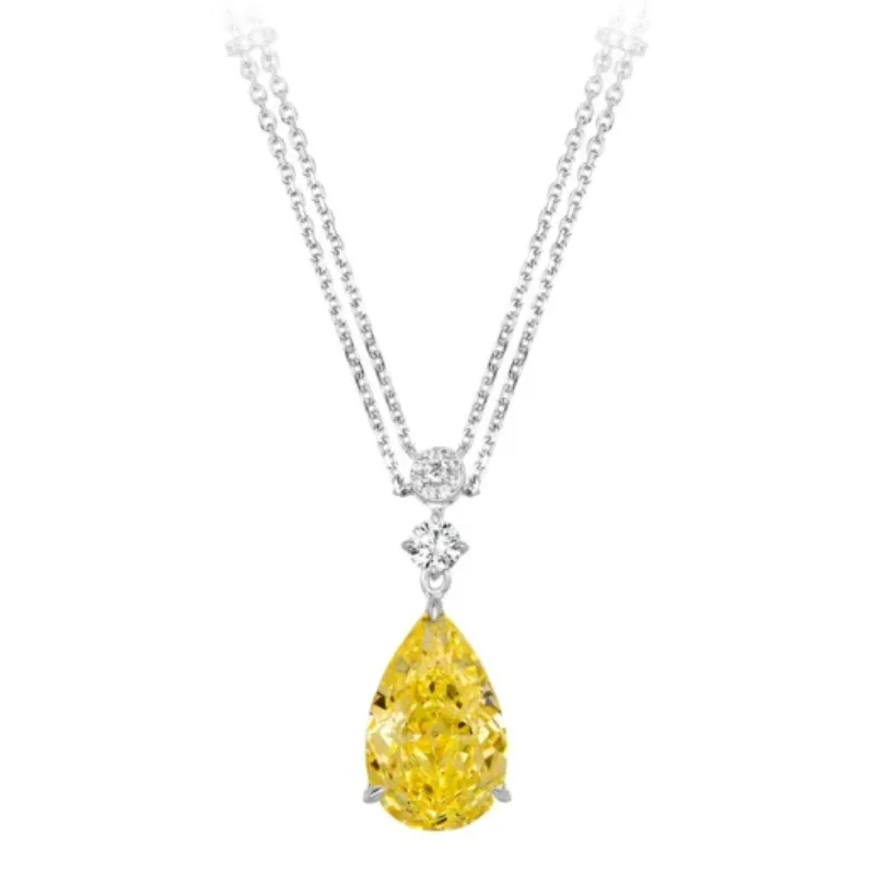 

BELLUX Pendant 925 Silver Synthetic Zircon Yellow Water Drop Large Carat Diamond Three Claw Shining Cutting Necklace