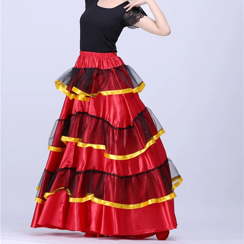 4 Style Gypsy Woman Spanish Flamenco Skirt Polyester Satin Smooth Big Swing Carnival Party Ballroom Belly Dance Costumes Dress