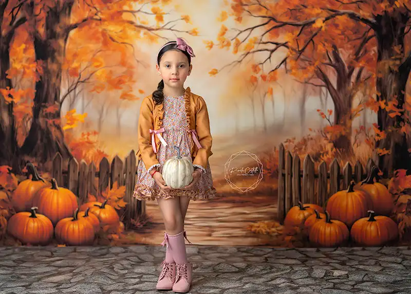 Fall View with the Fence and Pumpkin Backdrop Kids Baby Cake Smash Photography Props Child Adult Birthday Photo Shoot Background