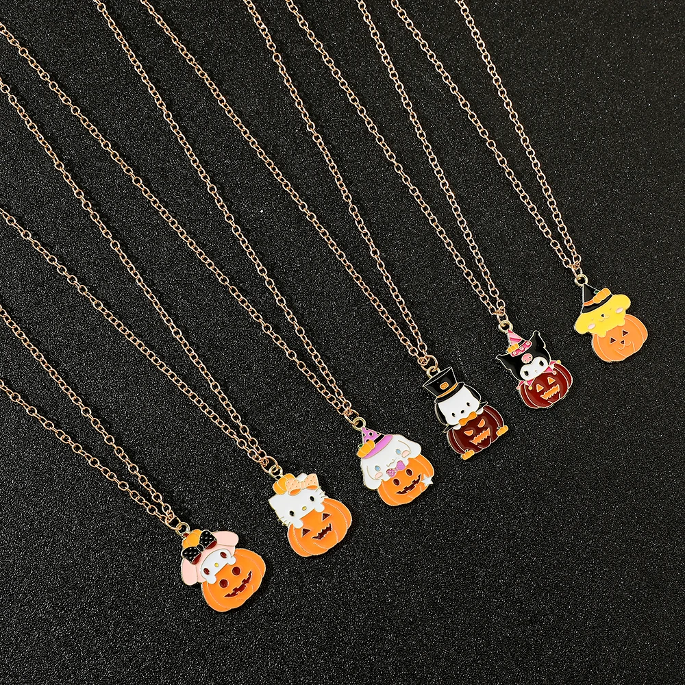 Sanrio Anime Cartoon Series Kuromi Hello Kitty Necklace Cute Girl Neck Chain Creative Halloween Pumpkin Necklace Gift