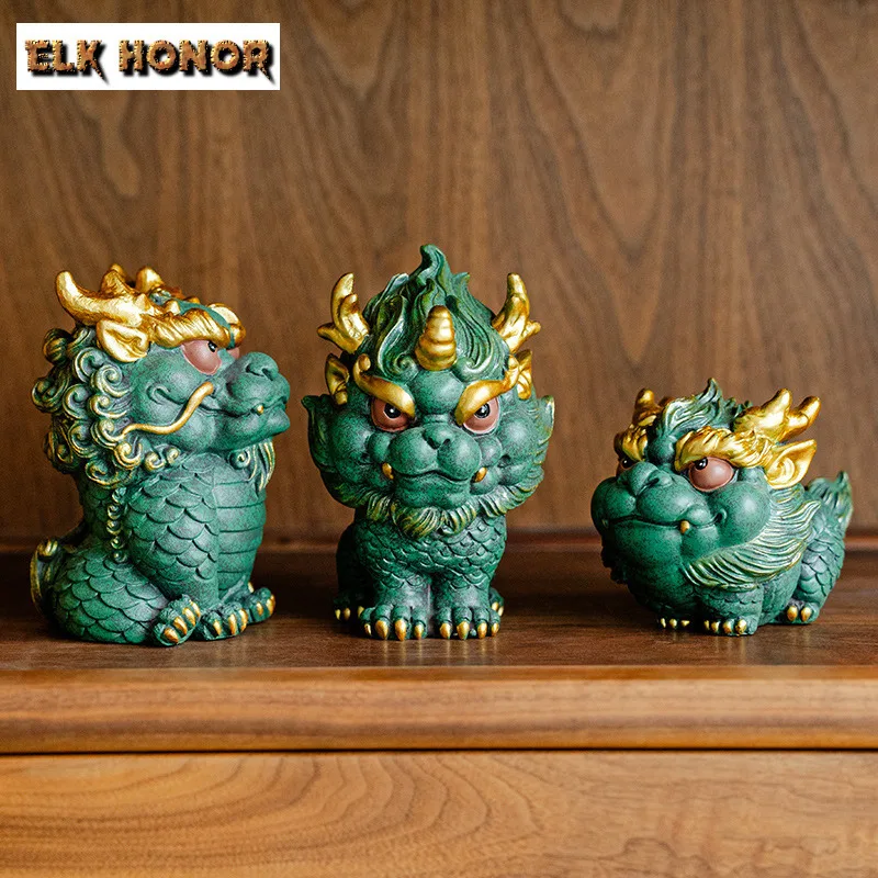 Fortune Beast Green Sandstone Tea Pet Boutique Auspicious Qilin Tea Figurine Craft Office Table Lucky Model Decoration Sculpture