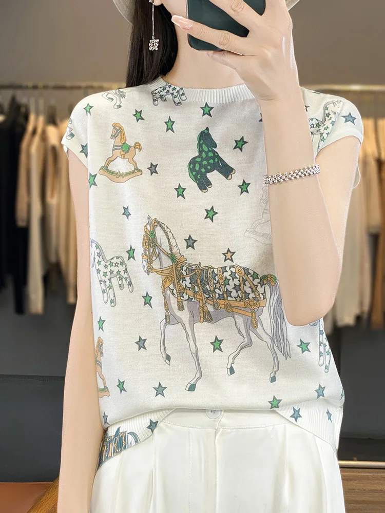 New Arrivals Women's T-Shirts Worsted Wool Printed Short Sleeves Summer Collection Silk Tees High End Elegant Tops Fashion Trend