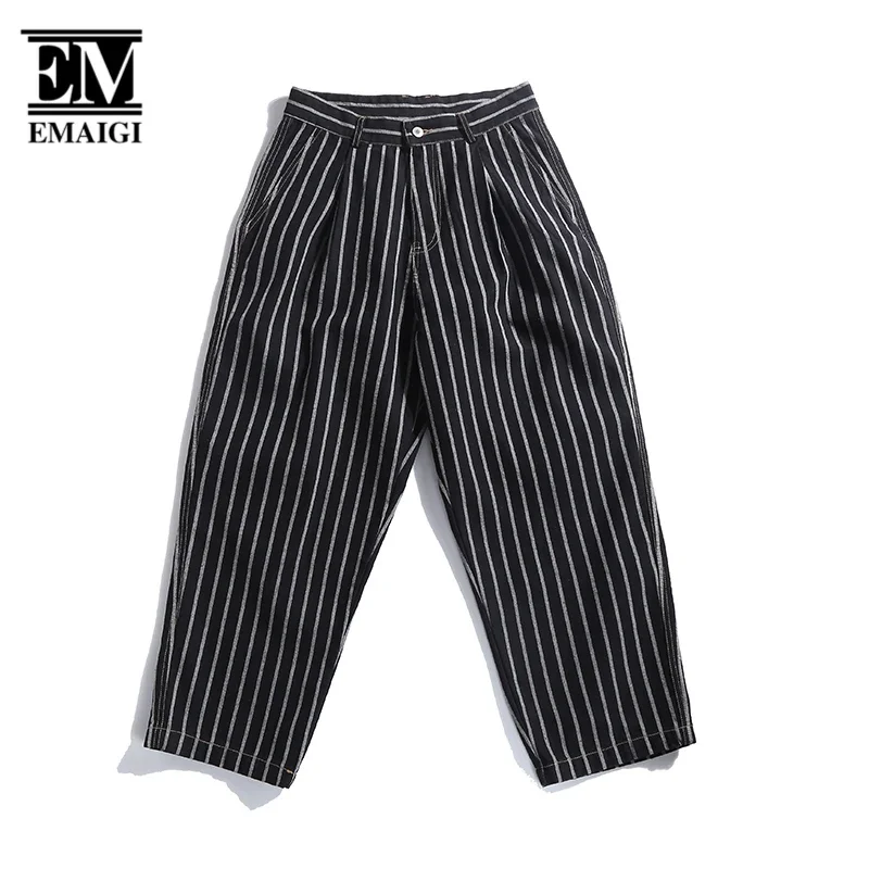 Men Japan Streetwear Chic Fashion Loose Casual Denim Stripe Ankle-length Jeans Wide Leg Harem Pant Male Jeans Trousers